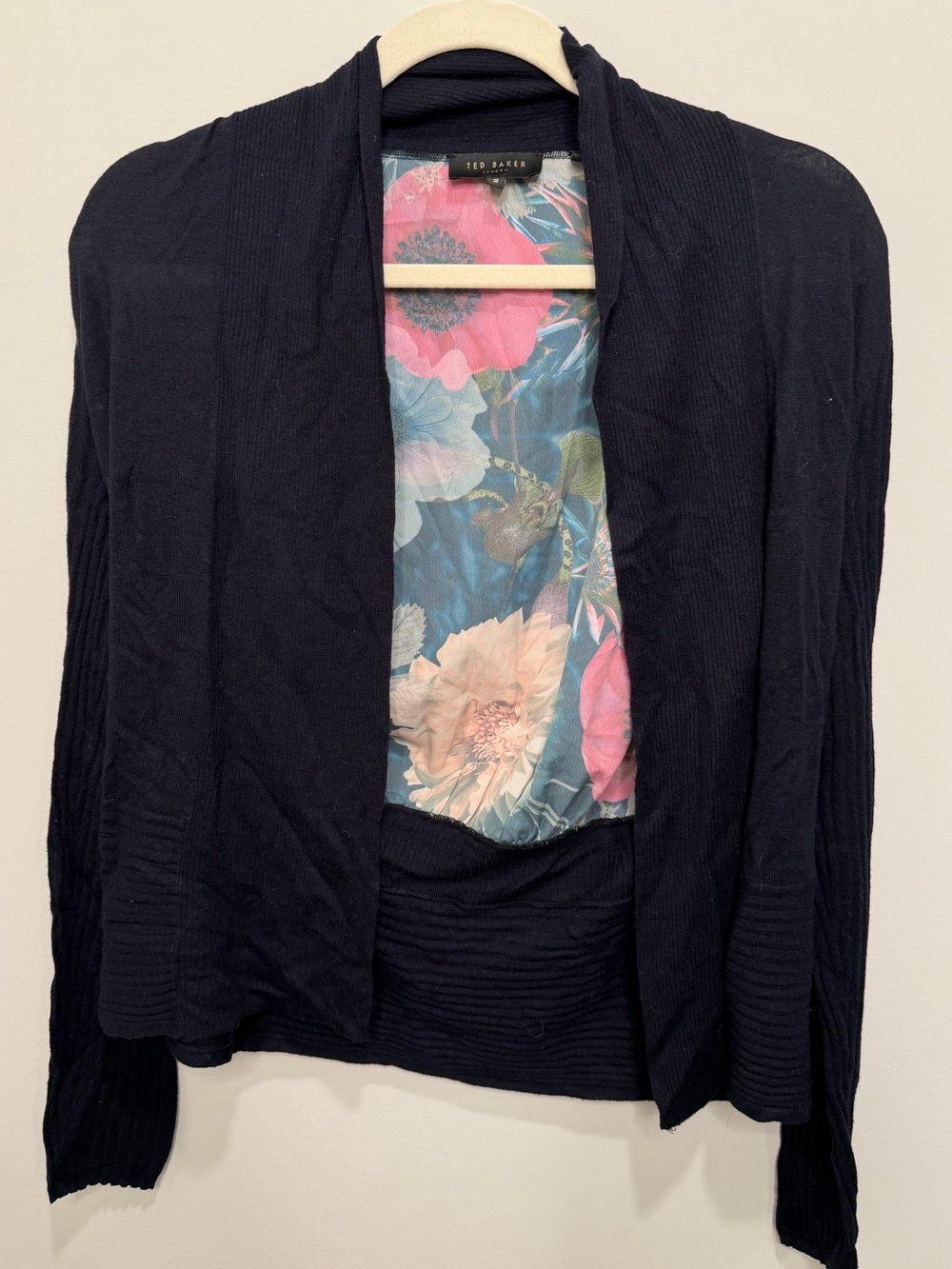 Ted Baker Navy Floral Back Open Front Cardigan Sweater Size 2 US 6